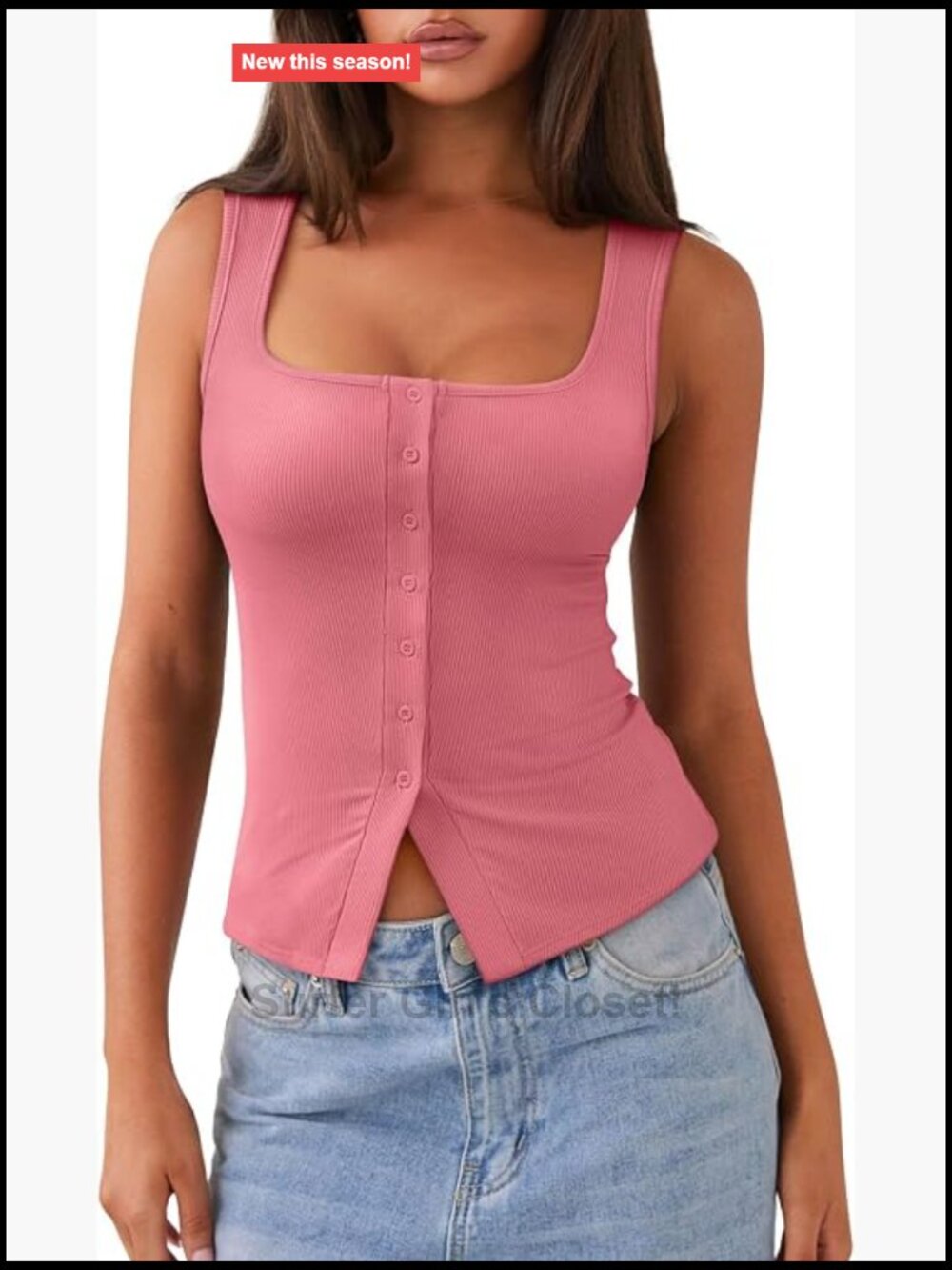 Ribbed Square Neck Button Down Crop Tank Top